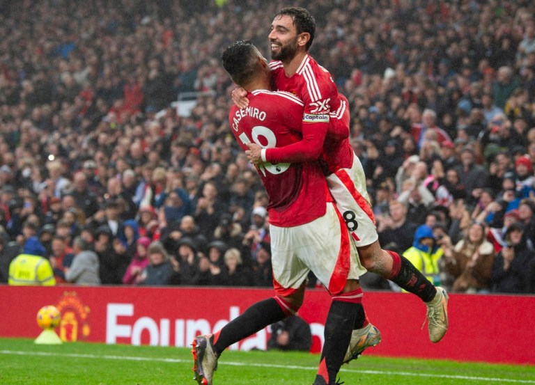 Bruno Fernandes comemora gol no Manchester United em 2024
