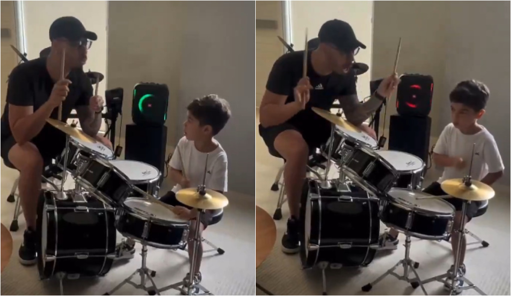Léo, filho de Marília Mendonça, toca música da mãe em aula de bateria