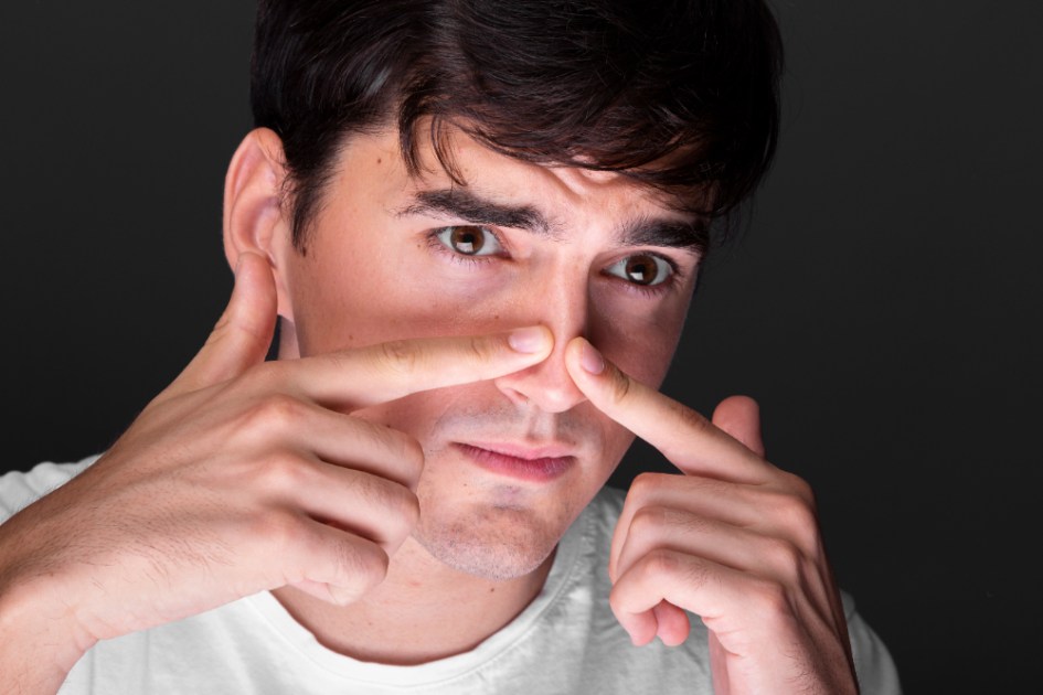 Close-up jovem tocando o nariz