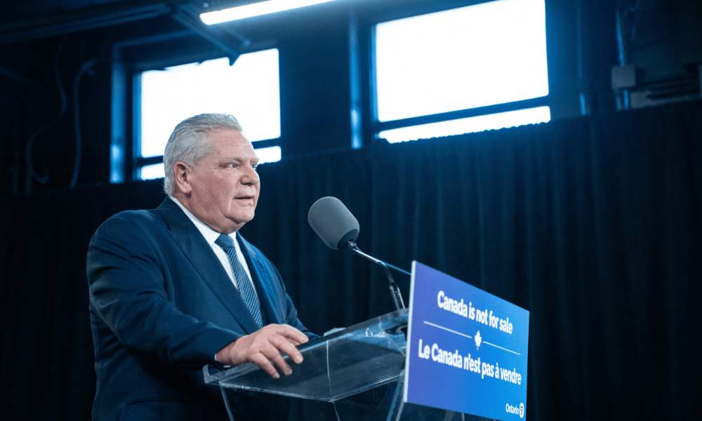 TORONTO, CANADA - MARCH 10: Ontario Premier Doug Ford gives remarks at a press conference in Queen's Park on March 10, 2025 in Toronto, Canada. Ford announced that the provincial government applied a 25 percent surcharge on all electricity exports to the United States as part of retaliatory tariff measures Katherine