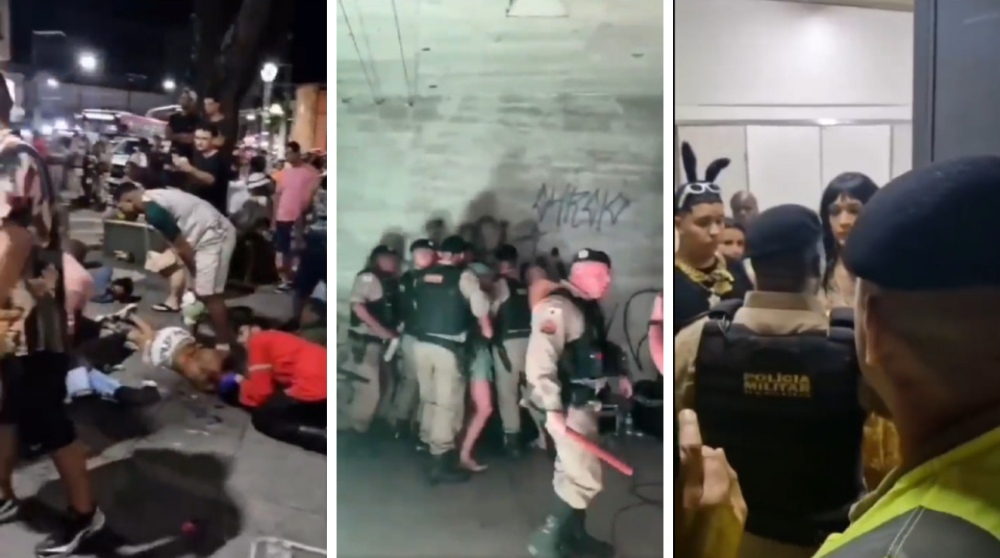 Vídeo compartilhado nas redes sociais mostra pessoas passando mal após disparo de spray de pimenta e confronto entre PMs e organizadores do bloco