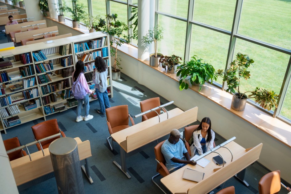 Alunos de alto ângulo aprendendo na biblioteca