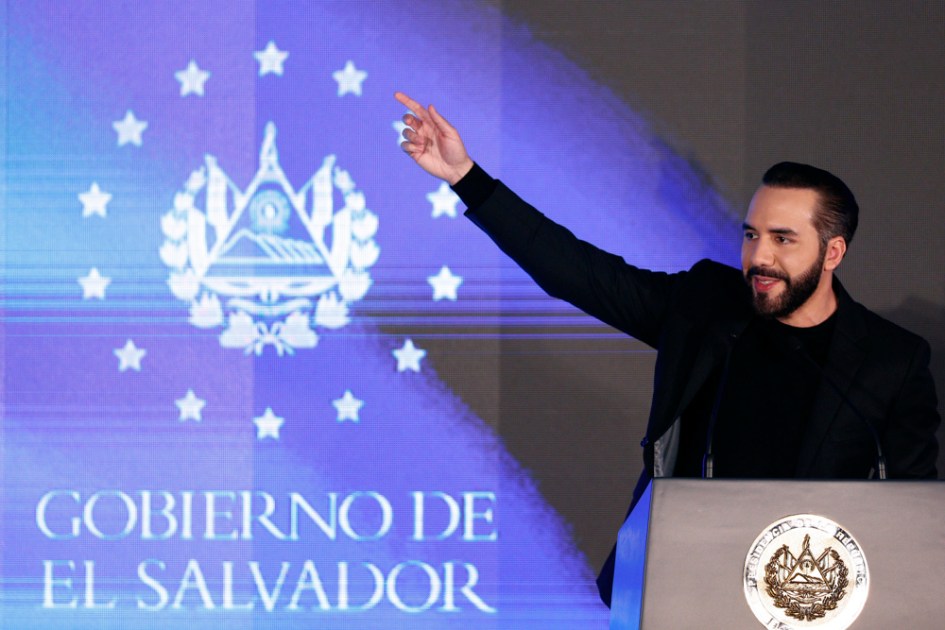 O presidente de El Salvador, Nayib Bukele, durante um ato em Antiguo Cuscatlán (El Salvador)