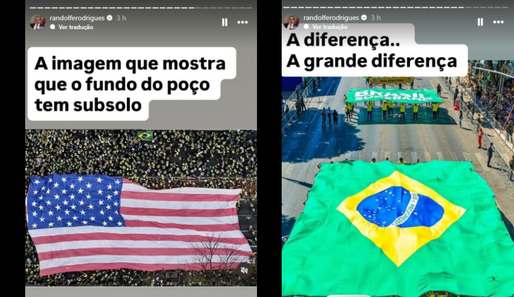 Randolfe afirma que bandeira dos EUA em ato bolsonarista mostra que fundo do poço tem subsolo