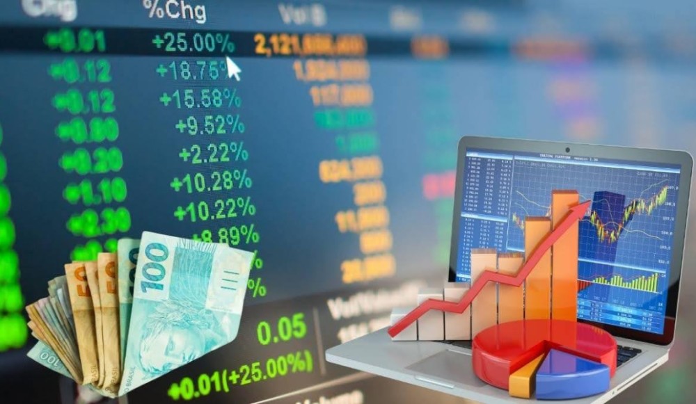 MOntagem sobre criptomoedas e investimentos