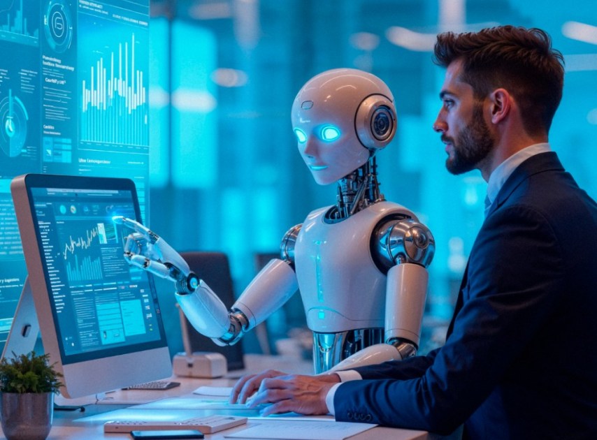 Homem e robô trabalhando juntos em um escritório de alta tecnologia