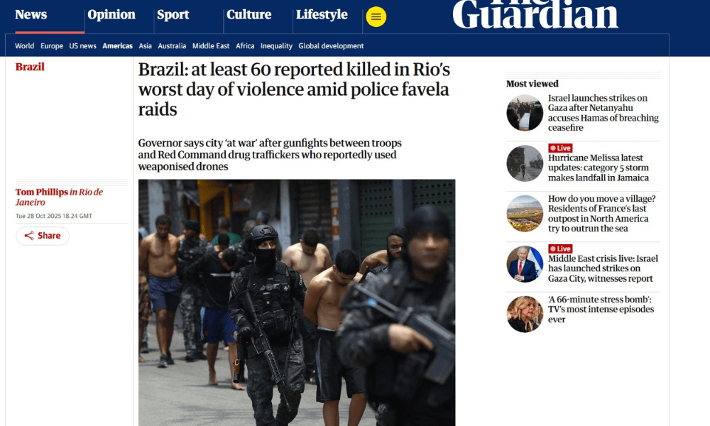 Jornal britânico The Guardian afirma que o Rio de Janeiro está 'em guerra' e classificou a data como o 'pior dia de violência da história' da cidade