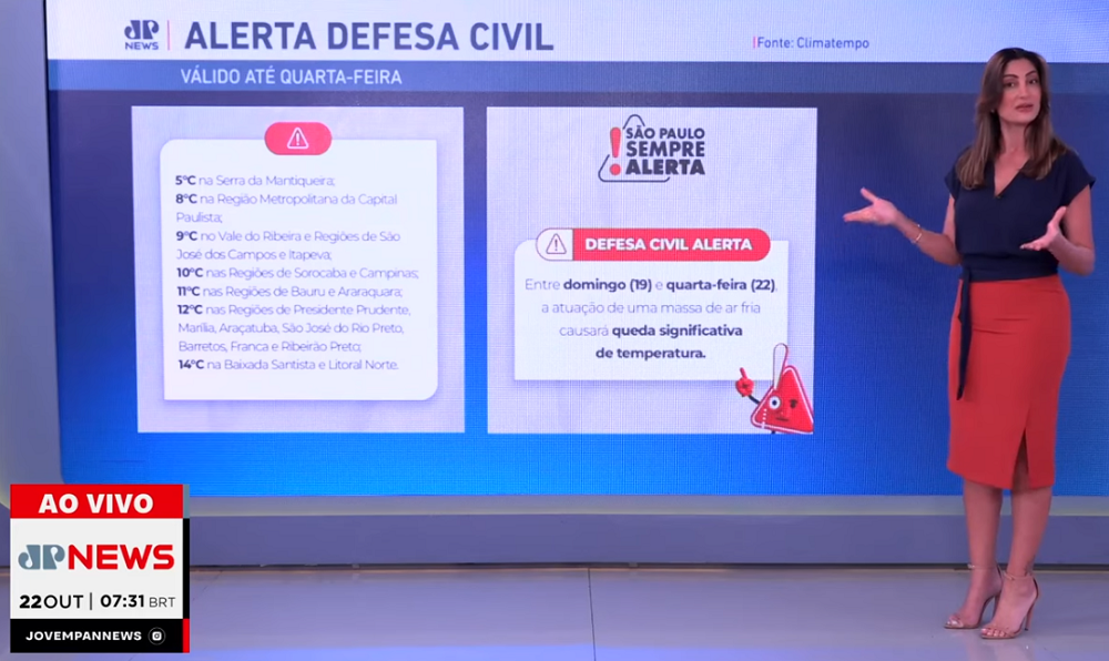Paula Nobre mostra quadro com as temperaturas em São Paulo durante alerta de frio da Defesa Civil
