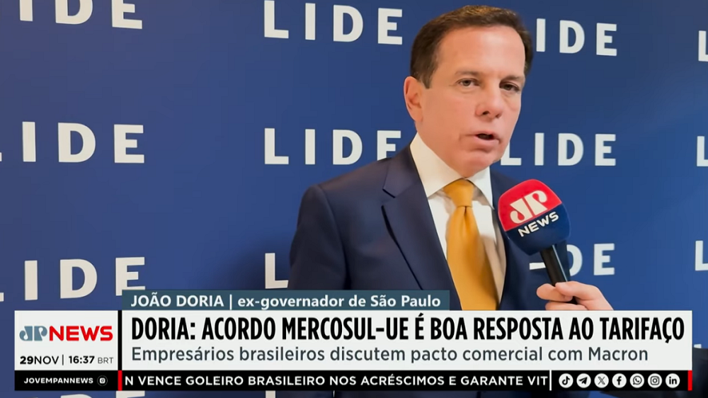 'Acordo Mercosul-UE é boa resposta ao tarifaço', diz Doria