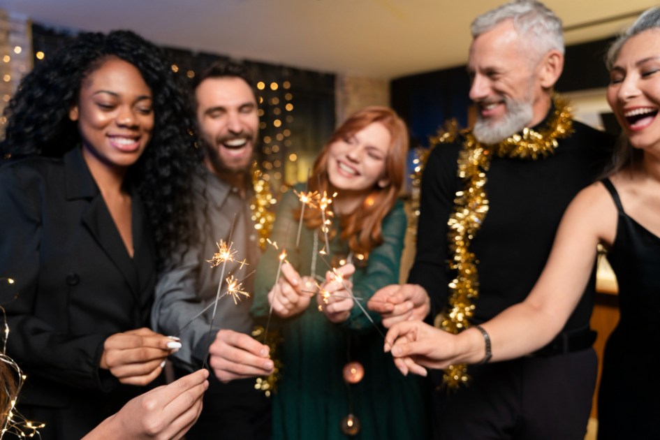Uma família adorável a desfrutar de uma festa de Ano Novo.