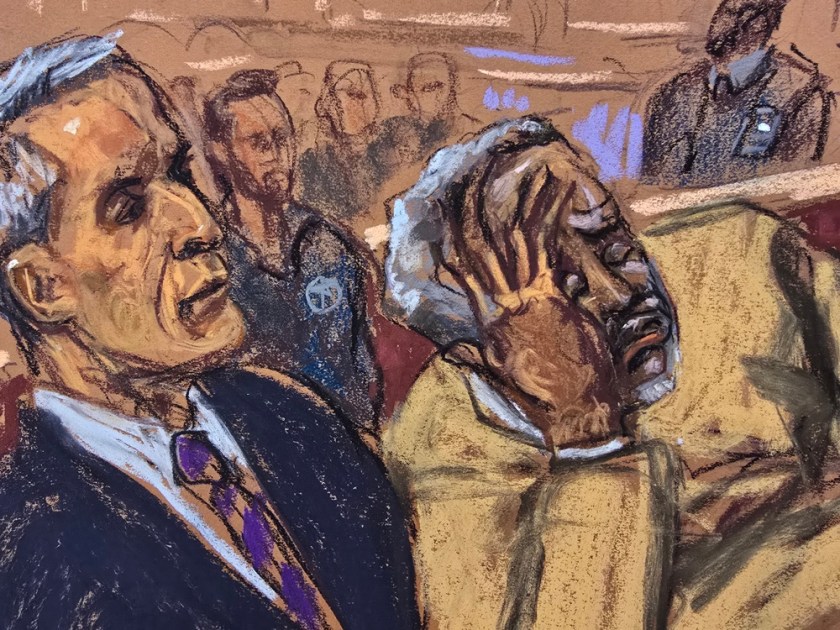 Ilustração feita pela artista Jane Rosenberg mostra o rapper Sean “Diddy” Combs (à dir.) ao lado de seu advogado Brian Steel, enquanto assiste à reprodução de um vídeo de seus filhos ainda bebês, durante o julgamento realizado nesta sexta-feira em um tribunal de Nova York