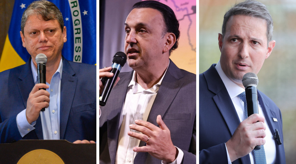 O governador Tarcísio de Freitas, o vide Felício Ramuth e o ex-secretário Guilherme Derrite