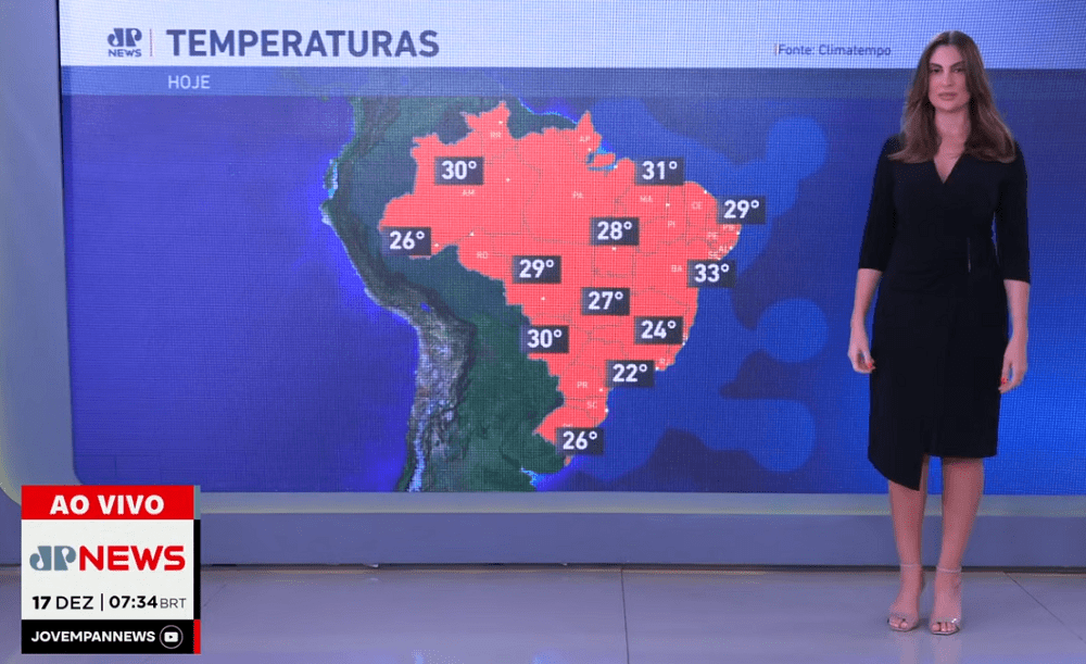 Paula Nobre mostra o mapa de temperaturas máximas no Brasil nesta quarta-feira (17)
