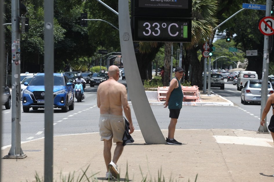 Frequentadores aproveitam o dia de sol e muito calor no Parque do Ibirapuera, na zona sul da cidade de São Paulo