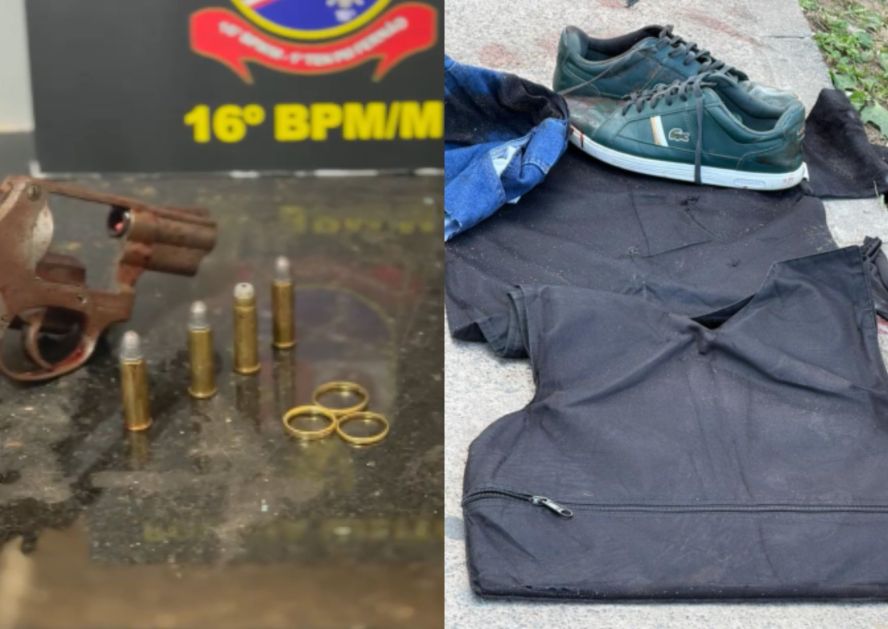 Revólver, munição, aliança encontrados com o suspeito e seus pertences