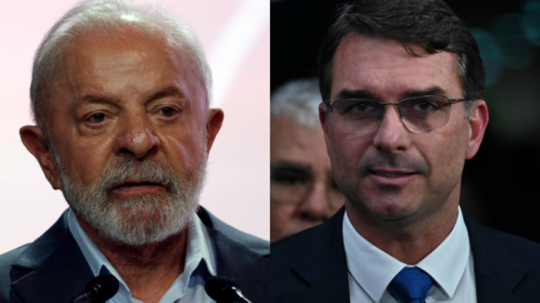 Foto prismada de Lula e Flávio Bolsonaro