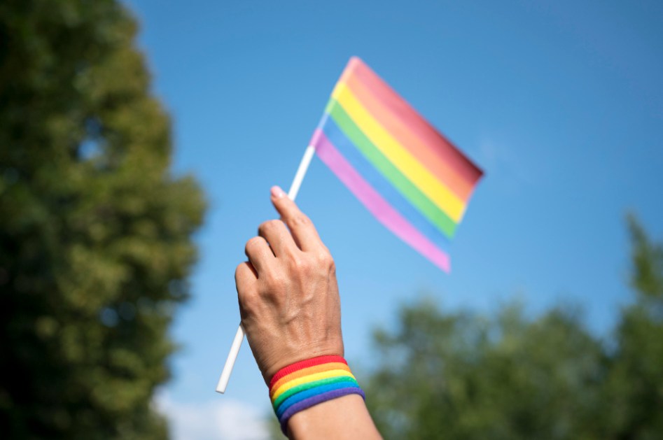 Mão segura bandeira LGBT