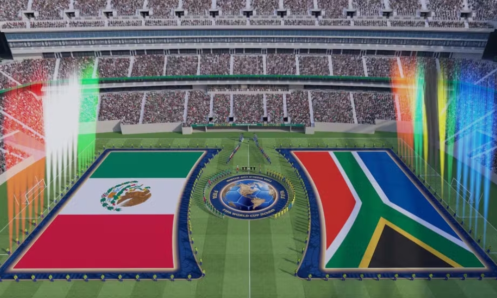 Representação da nova configuração da cerimônia de pré-jogo da FIFA para a Copa do Mundo de 2026. Na imagem, bandeiras do México e da África do Sul, seleções que abrem o Mundial.