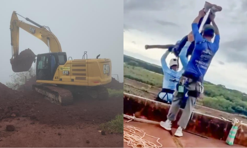 Imagem mostra uma montagem com duas fotos, a primeira, de uma retroescavadeira fazendo o fechamento da Ponte do Esqueleto, e a segunda, de uma jovem, de 21 anos, sendo jogada durante realização de rope jump.