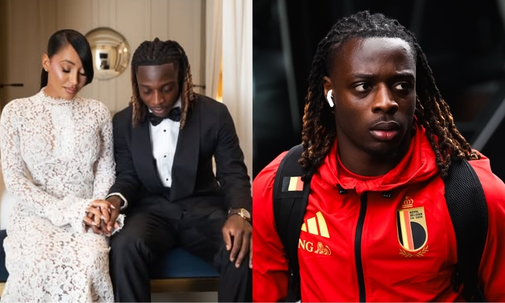Montagem com imagens do jogador belga Jérémy Doku e de sua esposa Shireen.