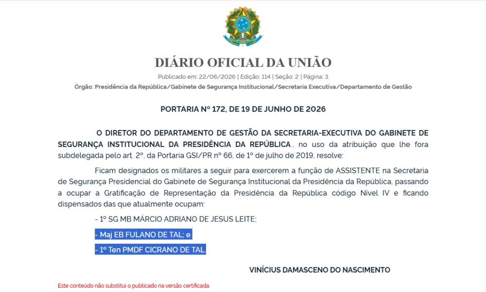 GSI da Presidência nomeia ‘Fulano de Tal’ e ‘Cicrano de Tal’ como assistentes