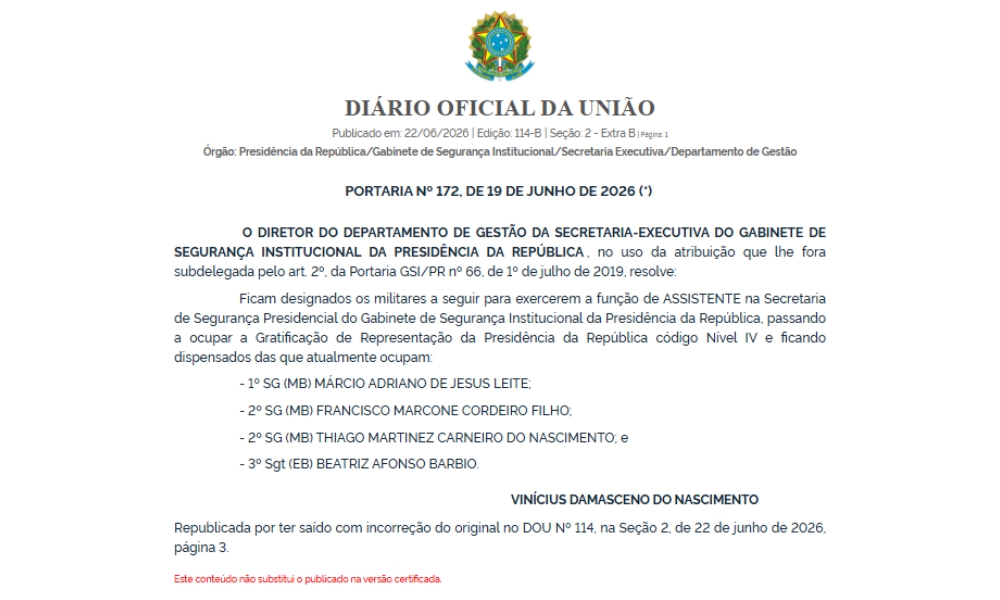 Portaria 172 corrigida no Diário Oficial da União.