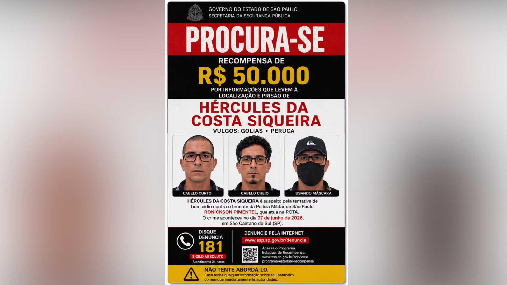 SSP oferece R$ 50 mil por informações do suspeito de atirar em tenente da Rota