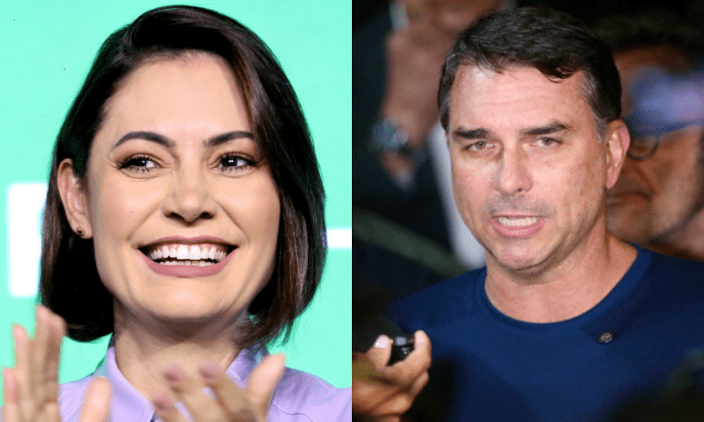 Ex-primeira-dama Michelle Bolsonaro e o senador e pré-candidato à Presidência da República, Flávio Bolsonaro