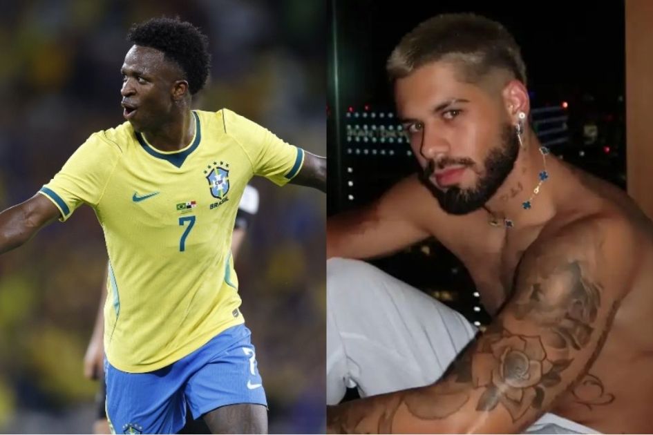 Montagem com fotos do jogador Vinicíus Júnior e o cantor Zé Felipe.