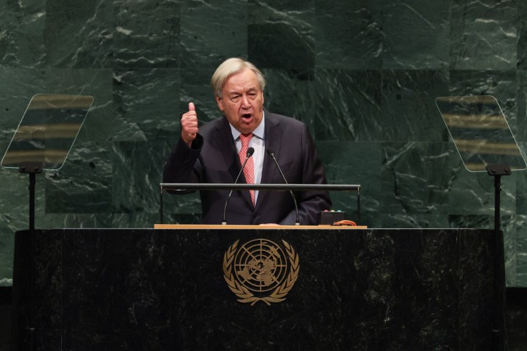O Secretário-Geral da ONU, António Guterres, discursa durante a 81ª Assembleia Geral das Nações Unidas na Sede das Nações Unidas em Nova York, em 22 de setembro de 2026.