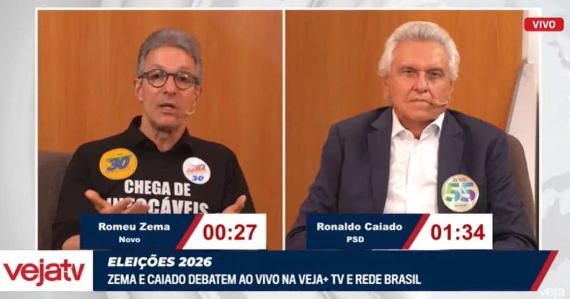 Zema e Caiado durante debate na Veja