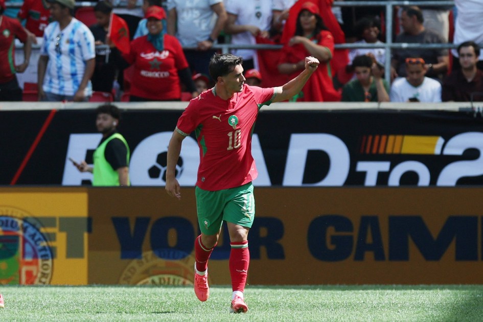 Brahim Díaz do Marrocos comemora após marcar o primeiro gol da equipe durante a partida amistosa internacional entre Marrocos e Noruega na Red Bull Arena em 07 de junho de 2026 em Harrison, Nova Jersey